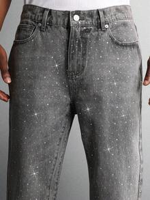 SUMWON 星空印花牛仔裤，闪亮夜空图案，直筒经典款，秋冬时尚百搭休闲裤 - 黑色 - 查看 6