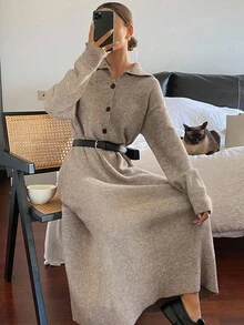 DAZY 女式秋季高领腰收腰毛衣连衣裙 - 駝色 - 查看 5