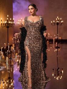 Glamrae Große Größen elegantes luxuriöses Leopard Muster Pailletten verziertes Kleid mit Herzausschnitt, Langarm und figurbetontem Meerjungfrauensaum, geeignet für Abendpartys, Dates, Proms, Hochzeiten, Abschlussfeiern, Urlaub - Verschiedenfarbig - Übersicht 4