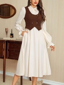 Vintamour 2 件复古经典优雅女士修身背心连衣裙套装，衬衫裙套装，杏色连衣裙和棕色背心套装，长袖套装，秋冬 - 咖啡棕 - 查看 3