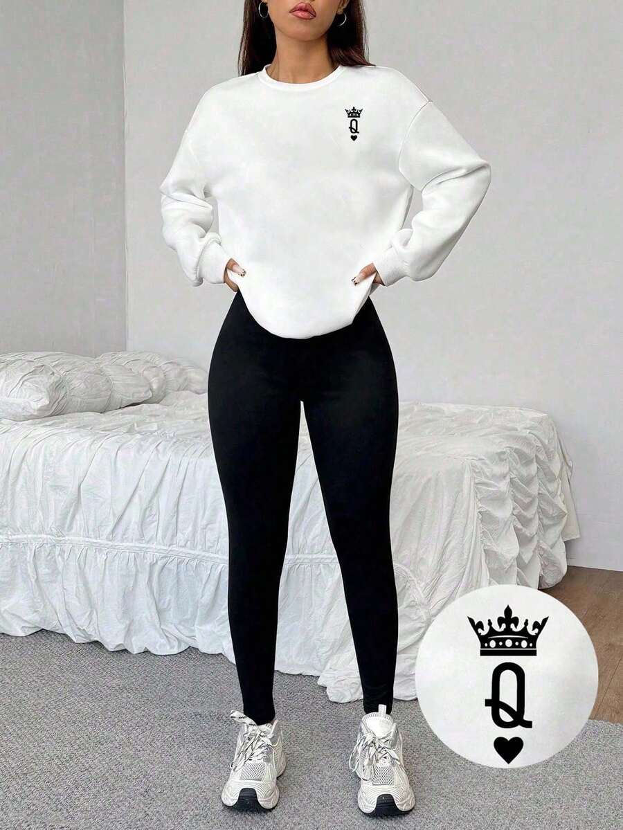 SHEIN EZwear 2 件套休闲宽松圆领扑克牌印花卫衣和紧身裤套装，时尚街头风格，适合秋冬季运动装 - 彩色 - 查看 1