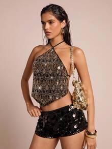 Glamine 女士新款夏季波西米亚度假沙滩装露背吊带背心，采用特殊串珠面料，返校连衣裙，女士街头服饰，女士生日连衣裙，外出上衣，女士 Y2k 可爱 - 黑色 - 查看 4