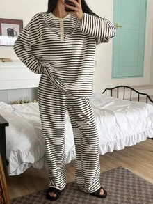 DAZY Striped Half-Button Loose Fit Top & Pants Loungewear Set, Cozy Outfits, Fall Winter Clothes Pajama - Beige - View 1