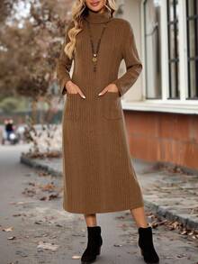 EMERY ROSE Women's Casual Solid Color Turtleneck Double Pocket Mid-Length Dress, Autumn/Winter  Autumn Outfits For Women  Winter Dress Women  Going Out Dress