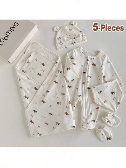 Loomiva Newborn Baby Boy/Girl Simple Pattern Cute Elegant Pastoral Style Gift Set (Romper + Swaddle Blanket + Mittens + Hat + Bib), Suitable For Winter & Autumn