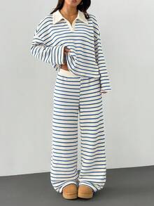 SHEIN PETITE 女式两件套宽松条纹 V 领落肩长袖 T 恤和松紧腰条纹裤，冬季毛衣套装，秋冬 - 藏蓝色 - 查看 4