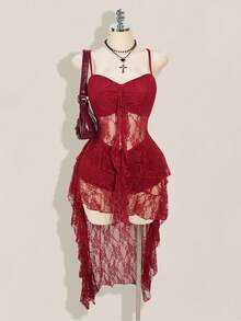 SHEIN ICON 加大码黑色 V 领荷叶边前短后长吊带裙，Y2K 性感细肩带荷叶边下摆连衣裙 - 酒紅色 - 查看 1