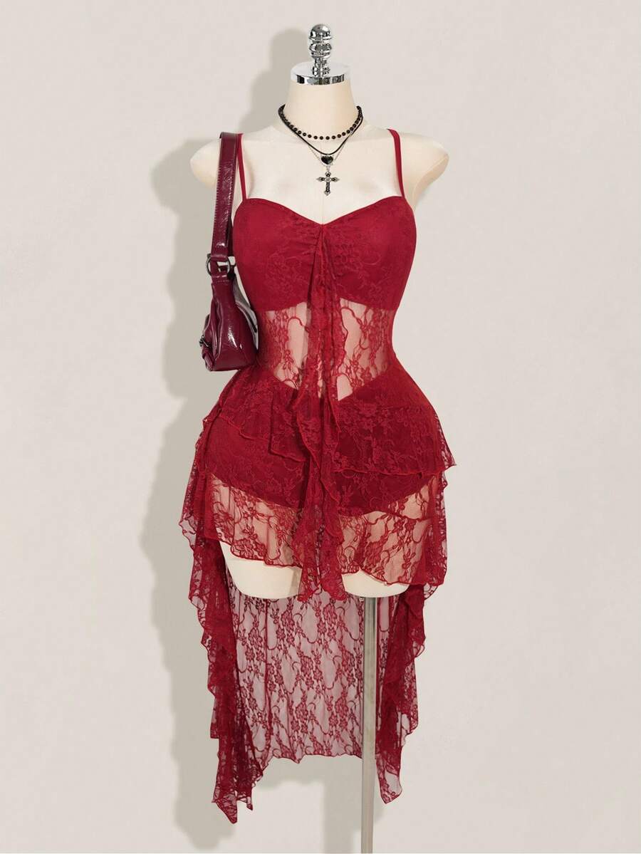 SHEIN ICON 加大码黑色 V 领荷叶边前短后长吊带裙，Y2K 性感细肩带荷叶边下摆连衣裙 - 酒紅色 - 查看 1