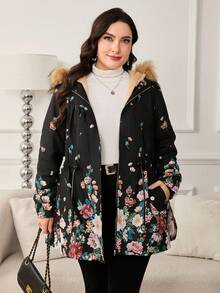 Reflora 加大码花卉印花保暖内衬连帽夹克，秋冬款，黑色印花保暖内衬派克大衣，保暖冬季派克大衣，毛领抽绳腰部派克大衣，秋冬厚连帽外套，女士休闲保暖长款外套，黑色定位印花保暖内衬派克大衣，保暖连帽毛领抽绳腰部夹克，休闲冬季外套 - 彩色 - 查看 6