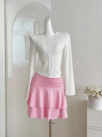 Sweetra Young Camiseta de cuello alto con mangas acampanadas de tejido jacquard elegante para adolescentes, suave y cómoda, para otoño/invierno