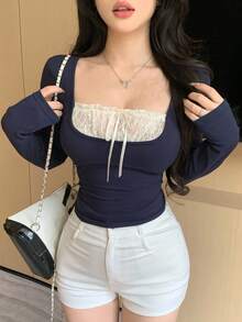 DAZY 秋/春季撞色蕾丝边蝴蝶结袖口修身长袖女式T恤 Y2K可爱上衣 - 藏蓝色 - 查看 9