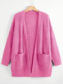 EMERY ROSE 秋季大码女式纯色落肩长袖双口袋休闲针织开衫 - 玫紅色 - 查看 1
