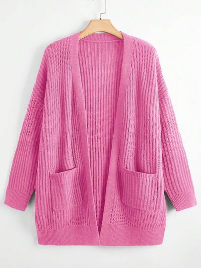 EMERY ROSE Plus Size Women's Solid Color Drop Shoulder Long Sleeve Dual Pocket Casual Knit Cardigan, Autumn