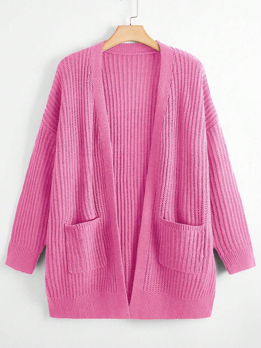 EMERY ROSE 秋季大码女式纯色落肩长袖双口袋休闲针织开衫 - 玫紅色 - 查看 1