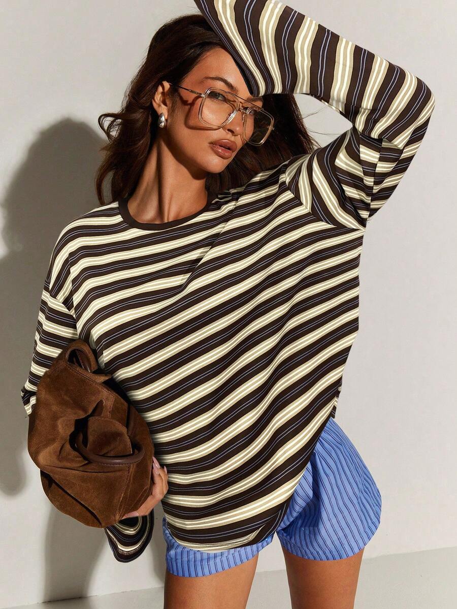 Athîral 女式休闲宽松蝙蝠条纹T恤，秋季 - 咖啡棕 - 查看 1