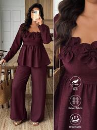 Weeklong 2pcs Plus Size Women Square Neck Ruffle Hem Floral Decor Long Sleeve Top And Pants Set