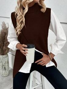 EMERY ROSE Women's Solid Color Stand Collar Sleeveless Sweater Vest With Side Slit, Elegant For Autumn/Winter - Chocolate Brown - View 4