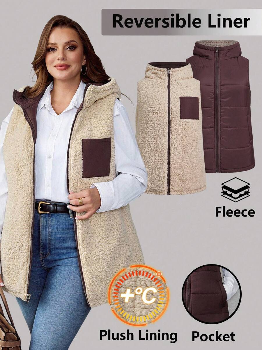 EMERY ROSE Chaqueta con capucha sin mangas reversible de talla grande, casual para otoño/invierno