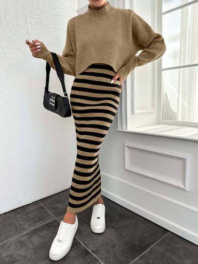 EURMUSE Women 2pcs Set: Solid Color Long Sleeve Top & Striped Sleeveless Dress