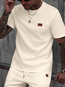 Manfinity CasualCool 男士夏季提花罗纹领短袖 T 恤，送给男朋友或丈夫的精美礼物，适合夏季日常休闲穿着，适合海边度假，时尚百搭的男士休闲 T 恤 - 米色 - 查看 3