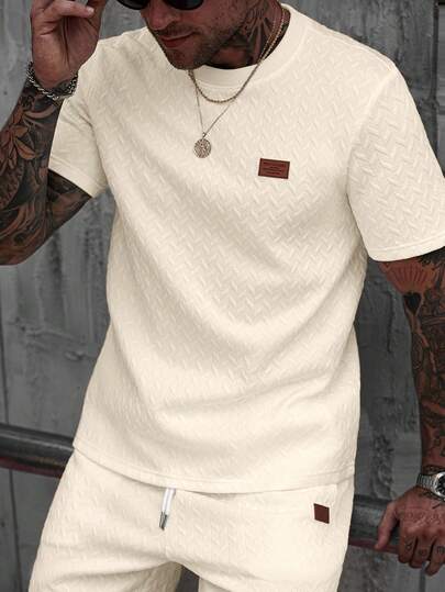Manfinity CasualCool Men's Summer Jacquard Ribbed Collar Short Sleeve T-Shirt, Fine Gift For Boyfriend Or Husband,Very Suitable For Daily Casual Wear In Summer, Suitable For Seaside Vacation, Fashionable And Versatile Item For Men Summer Men Clothes Tee Men T Shirt Men's Pattern Tshirt Men Clothes