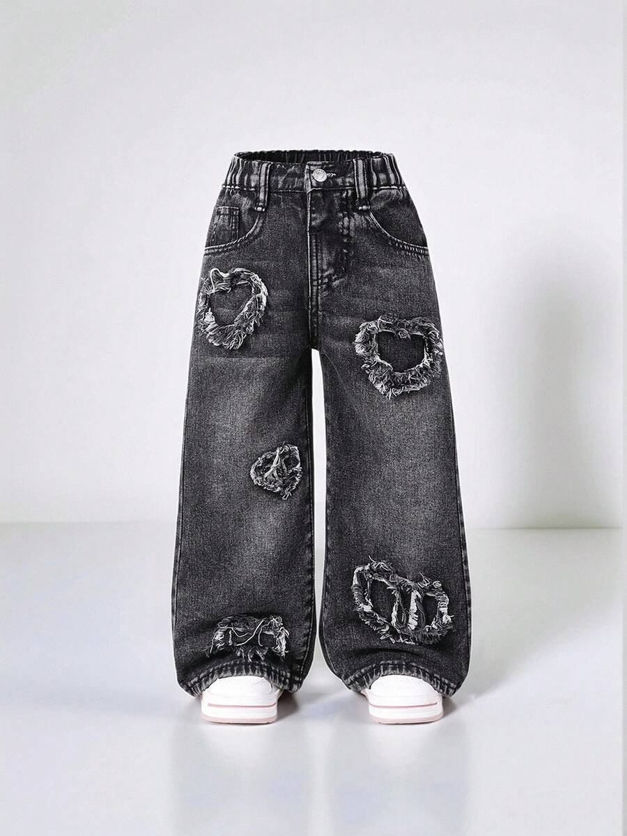 SHEIN Explorewe Young Girl Casual Urban Light Wash Fully Elastic Waist Heart Patch Embroidered Wide Legs Pants With Flat Pockets, The Best Daily Fashion Outfits, School, Campus, College - Black - View 1