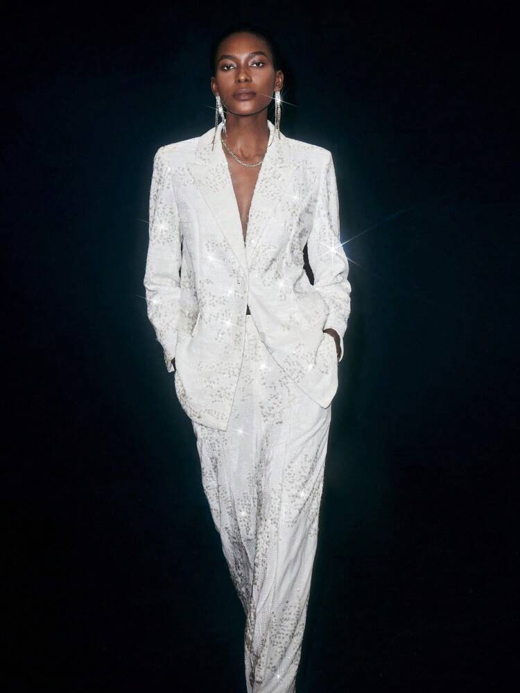 SHEIN Maija Sequin Embellished Casual Long Sleeve Women's Blazer, Suitable For Everyday Wear Fall Clothes For Women , Fall Outfits Women , Halloween, Elegant, Goth, Back-To-School Party Blazer, Classy Outfits For Women, Business Casual Outfits Women,  Designer-Inspired Blazer,Distinctive Texture, Old Money Style