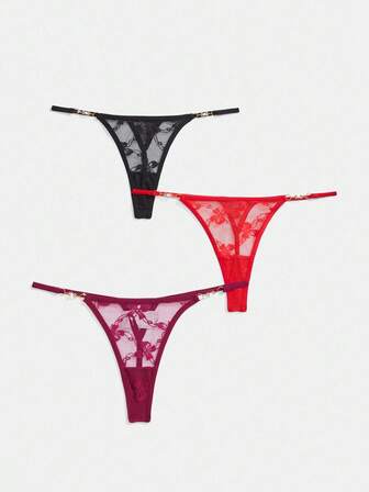 Set de 3 piezas de bragas tipo tanga con hebilla de metal y encaje con diseño de mariposa