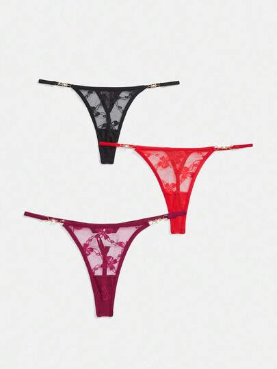 3pcs/Set Lace Butterfly Metal Buckle Thong Panties Set