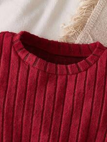 Tween Girl Round Neck Puff Sleeve Ditsy Floral Casual Dress Fall Winter - Burgundy - View 3