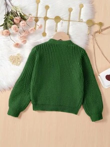 SHEIN 小女孩和幼儿女孩开衫，米色、白色、浅黄色、杏色，舒适且富有创意的纹理，简约的V领，灯笼袖，罗纹袖口，时尚，四季皆宜，适合玩耍、日常穿着、上学、轻便、舒适，针织毛衣开衫 - 軍綠色 - 查看 3