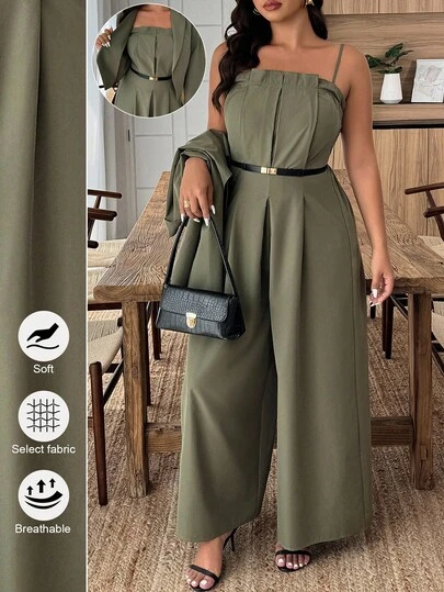 Weeklong Ensemble 2 pièces grande taille : Combinaison à bretelles spaghetti de couleur unie et veste à manches longues