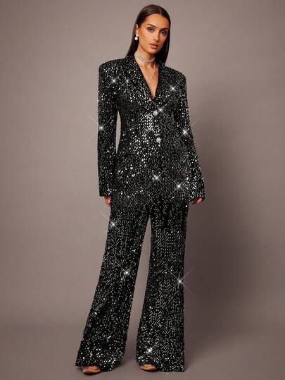 Silquee 女士亮片单排扣优雅时尚长袖西装外套