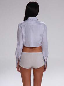 MUSERA Áo sơ mi tay dài dáng ngắn kẻ sọc, chi tiết cà vạt, dễ thương, thích hợp cho mùa thu, đi làm, phong cách thường ngày, đường phố, thể thao, công sở, dự tiệc, thanh lịch, kỳ nghỉ, xuân hè. - Màu xanh lam - Xem 4