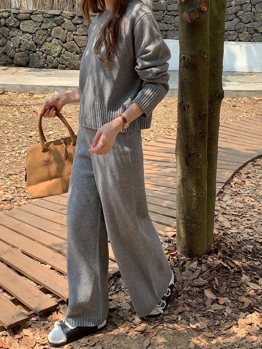 DAZY 2件套女士宽松休闲灰色针织毛衣，秋冬