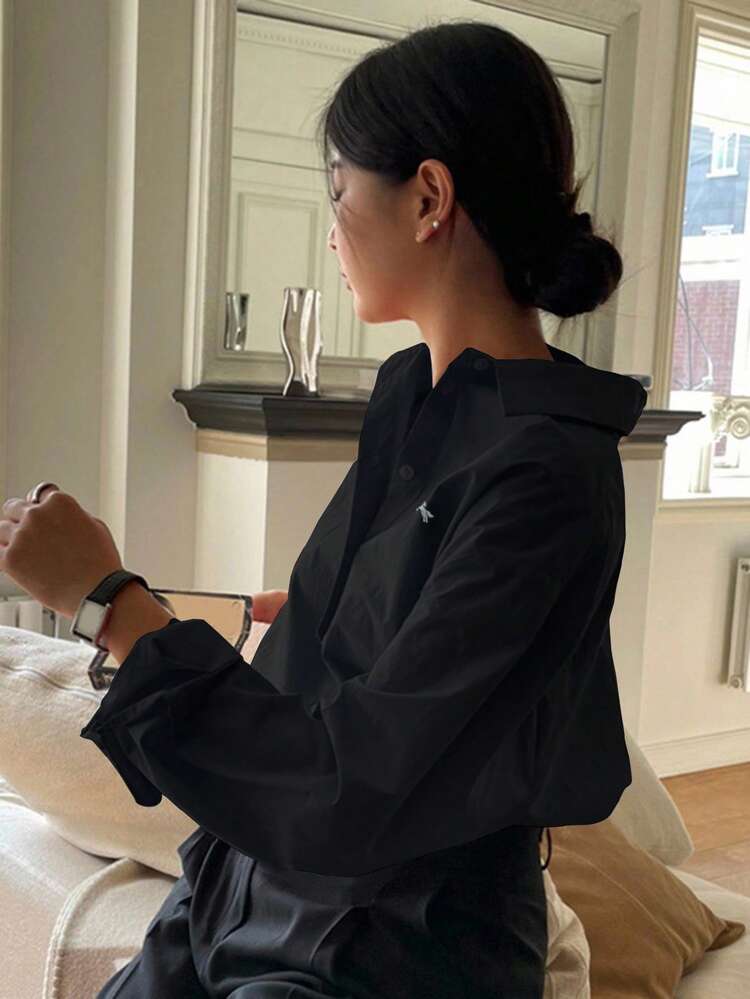 Women's Casual Everyday Commute Versatile Unicorn Print Long Sleeve Black Shirt, Spring/Autumn