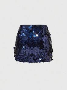 ROMWE Fairycore Jupe mini moulante décontracté et polyvalente avec décoration de paillettes pour femmes - Bleu marine - Voir 2