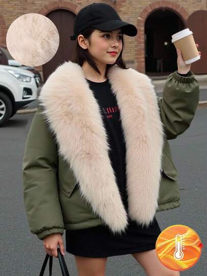 SHEIN 1pc Utility Style Crinkle Shoulder Oversized Furry Collar Padded Coat, Suitable For Winter Fall