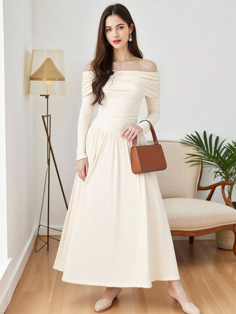 SHEIN 少女修身休闲简约舒适露肩长袖中长连衣裙 - 白色 - 查看 1