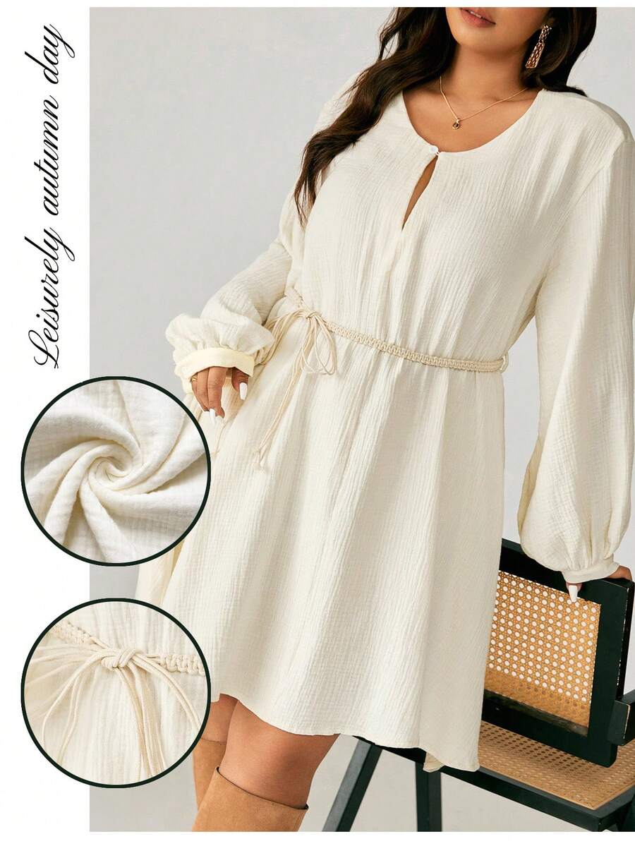 EMERY ROSE Damen Große Größen Einfarbiges Apricot Rundhals Spaltarm Laternärmel Gestrickter Gürtel Bindeband Leinen Lässig Kurzes Kleid, Frühling/Herbst - Aprikosenfarben - Übersicht 1