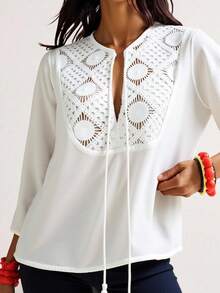 CAJUNI 女式波西米亚风格度假休闲系带白色拼接长袖流苏衬衫 - 白色 - 查看 3