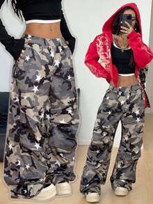 Coolane Pantalones anchos con gráficos de camuflaje para mujer, ideales para conciertos, festivales, salidas, fiestas, regreso a la escuela y talla grande - Verde militar - Ver 2