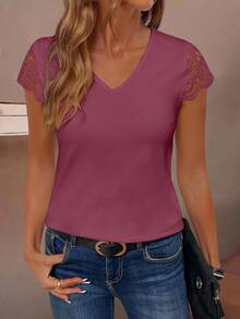 EMERY ROSE Women's Short Sleeve V-Neck Solid Color T-Shirt, Fashionable For Summer - Red - View 4