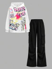 SHEIN Girlism 少女白色印花连帽衫和工装裤套装 - 黑與白 - 查看 7