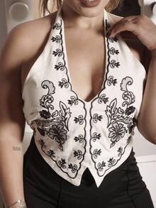 Lupita Cardoza 杏色底黑色花朵刺绣露背蝴蝶结短款背心，适合音乐节 - 彩色 - 查看 4