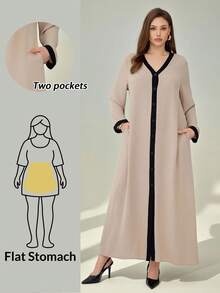 Auralis Vestido de señora talla grande, vestido con textura de color, vestido de manga larga, vestido largo de señora, vestido con 2 bolsillos, vestido de otoño para señora, vestido de otoño talla grande, vestido color caqui, vestido color albaricoque