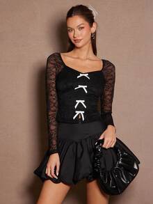 Enchnt Fall/Winter Romantic Women's Elegant Black Lace Mesh Patchwork Heart Neck Bow Decor Elegant Long Sleeve Blouse,Sweet&Elegant&Fashionable For Date&Holiday&Birthday&Party&Wedding Guest&Office&Going Out&Afternoon Tea,Fall Blouse For Women,Autumn Clothes