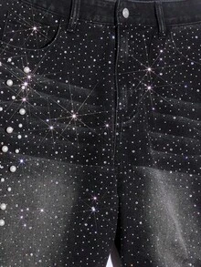 NEON BLANC Quần jean denim dáng dài dáng rộng đính ngọc trai giả và đá giả cho nam - màu đen - Xem 6