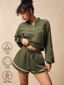 VARSIVA 2pcs/Set Contrast Trim Sweatshirt And Shorts Sports Outfit - Multicolor - View 10