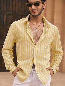 HIMLAND 宽松男士条纹梭织休闲长袖衬衫复古男士衬衫男士意大利度假男士条纹长袖衬衫男士度假装男士衬衫黄色和白色，秋季 - 黃色 - 查看 3